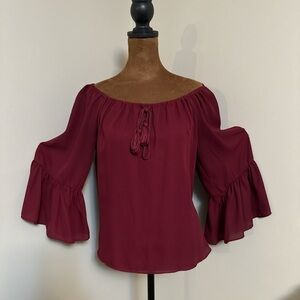My Michelle Burgundy Bell Sleeve Ruffled Blouse